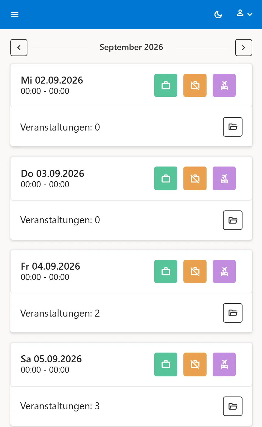 Monatsübersicht der Arbeitsbereitschaft mit einer Karte pro Tag und drei farbigen Schaltflächen