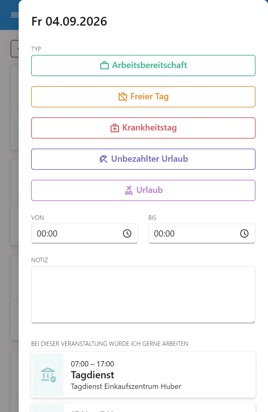 Detailansicht eines Tages mit Typauswahl, Uhrzeiten von und bis, Notizfeld und Veranstaltungen zur Bewerbung