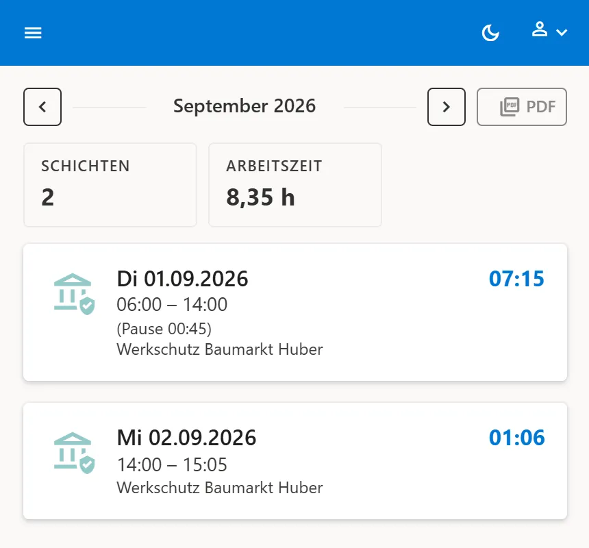 Arbeitsstunden-Übersicht mit Monatsauswahl, Anzahl der Schichten, Gesamtarbeitszeit und einer Karte pro Schicht