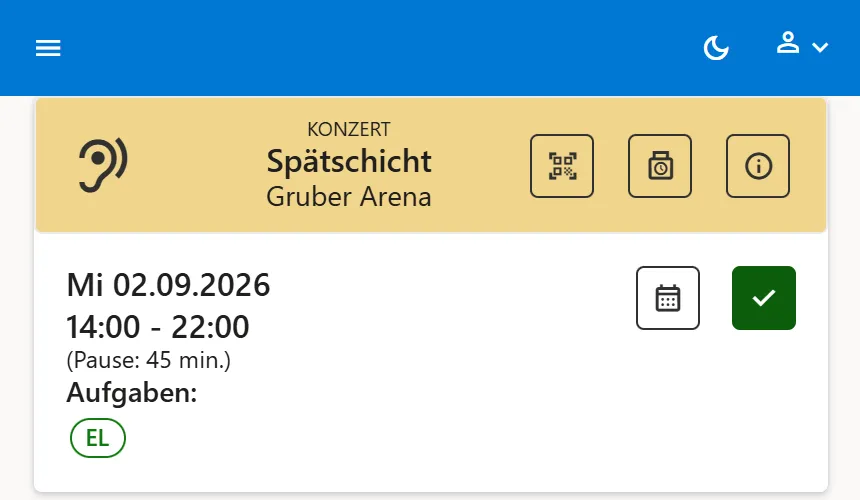 Schichtkarte eines Einsatzleiters mit QR-Scan-, Stempeluhr- und Info-Symbol sowie dem Aufgabenkürzel EL
