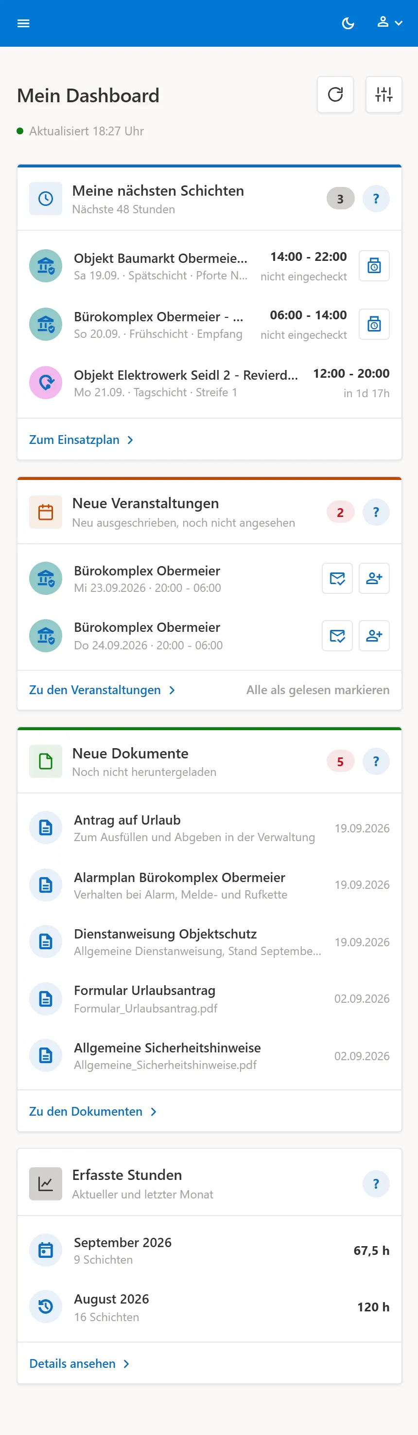 Mein Dashboard auf dem Smartphone mit den Karten „Meine nächsten Schichten”, „Neue Veranstaltungen”, „Neue Dokumente” und „Erfasste Stunden”