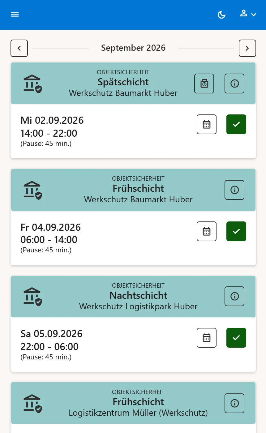Der persönliche Plan mit Monatsauswahl und Schichtkarten