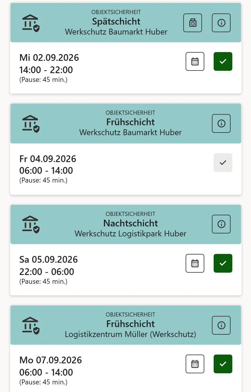 Zwei Schichtkarten: oben bestätigt mit grünem Haken und Kalender-Symbol, darunter unbestätigt mit grauem Haken