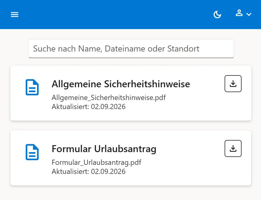 Dokumentenbereich mit Suchfeld und zwei Dokumentkarten mit Download-Symbol