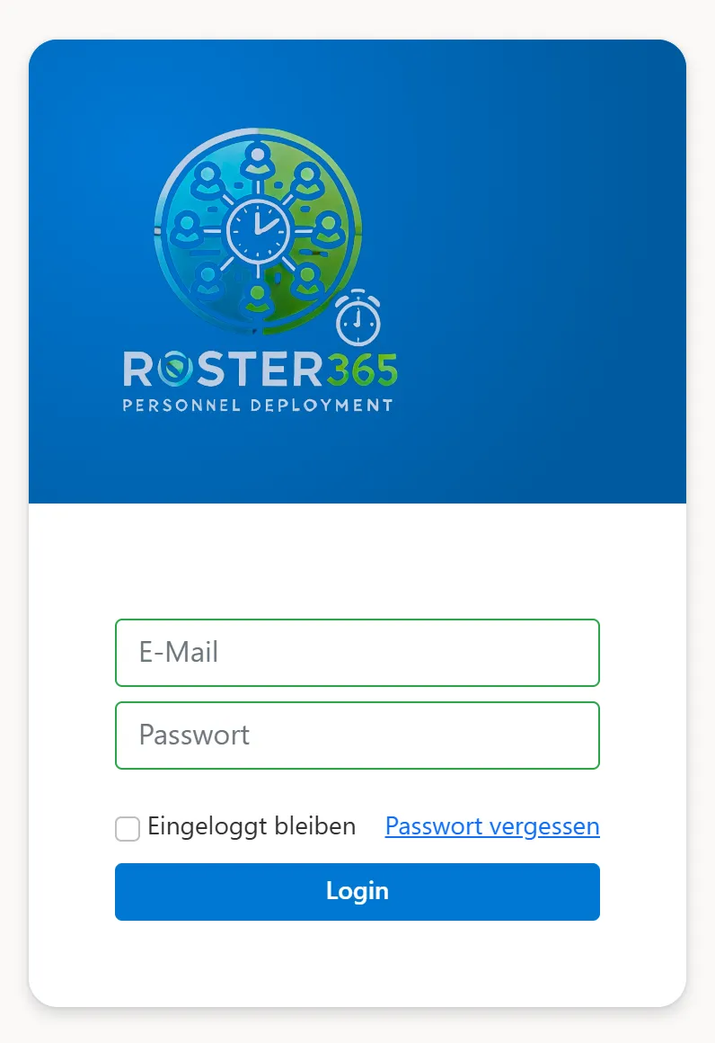 Login-Seite von Roster365 mit den Feldern E-Mail und Passwort sowie dem Link „Passwort vergessen”