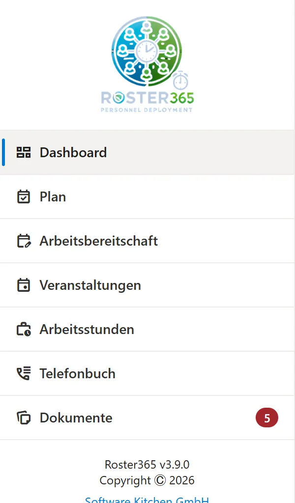 Geöffnetes Menü mit den Einträgen Dashboard, Plan, Arbeitsbereitschaft, Veranstaltungen, Arbeitsstunden, Telefonbuch und Dokumente; am Eintrag Dokumente steht eine Zahl für ungelesene Dokumente