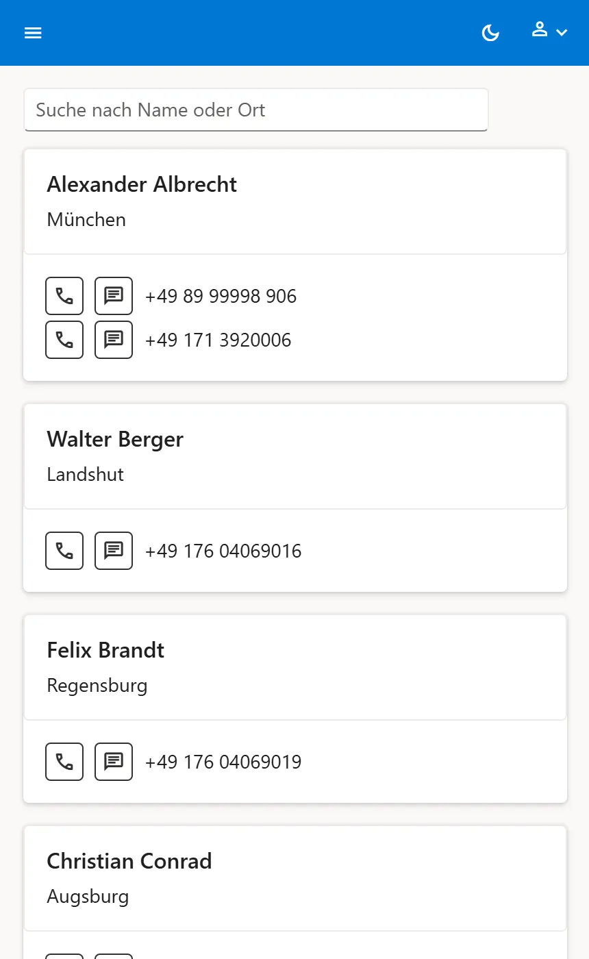 Telefonbuch mit Suchfeld und Kontaktkarten; neben jeder Nummer ein Hörer- und ein Sprechblasen-Symbol