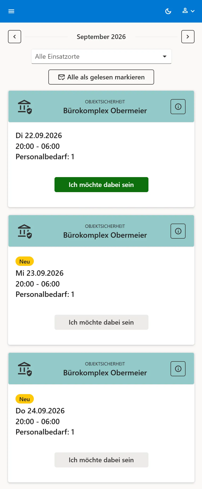 Veranstaltungsübersicht mit Einsatzort-Filter und Karten je Dienst; bei der ersten Veranstaltung ist die Schaltfläche „Ich möchte dabei sein” grün