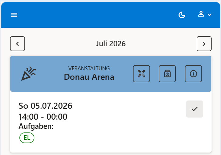 Einsatzleiter-Ansicht in Roster 365 mit QR-Scan-Button zum Einchecken des Teams