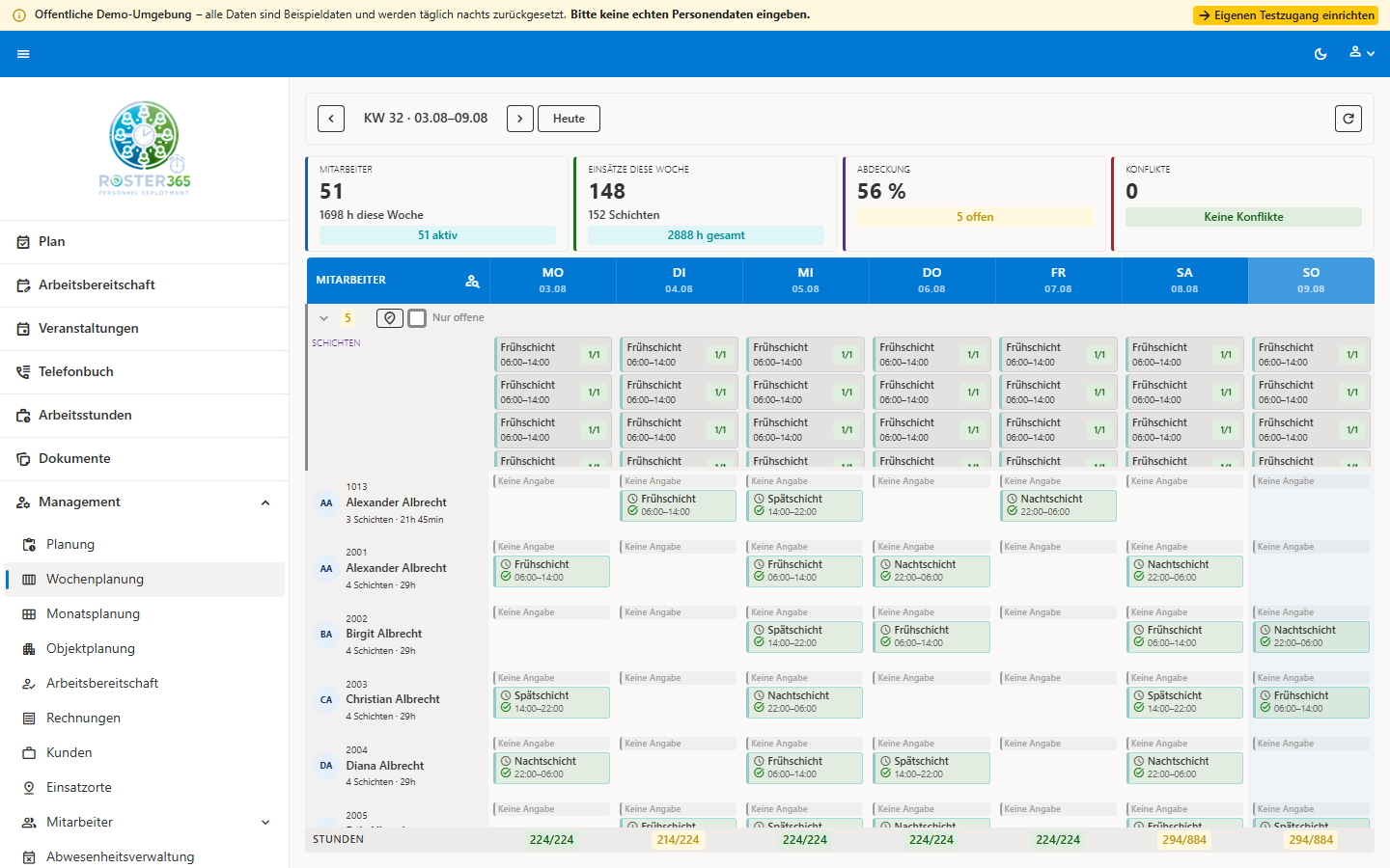 Wochenplanung in der Roster 365 Demo mit Kennzahlen und Schichtmatrix für 51 Mitarbeiter