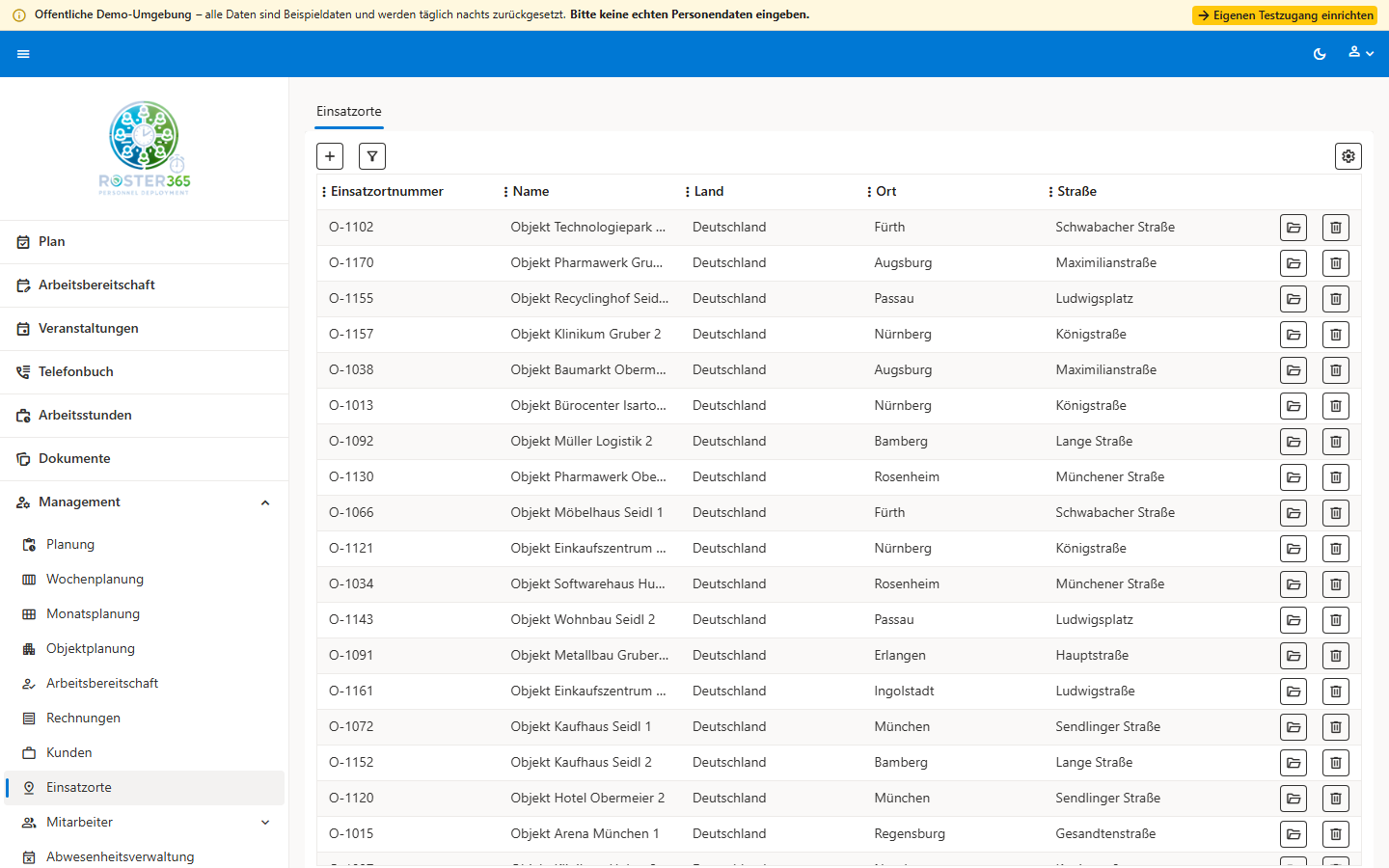 Liste der Einsatzorte in der Roster 365 Demo mit fiktiven Objekten in bayerischen Städten