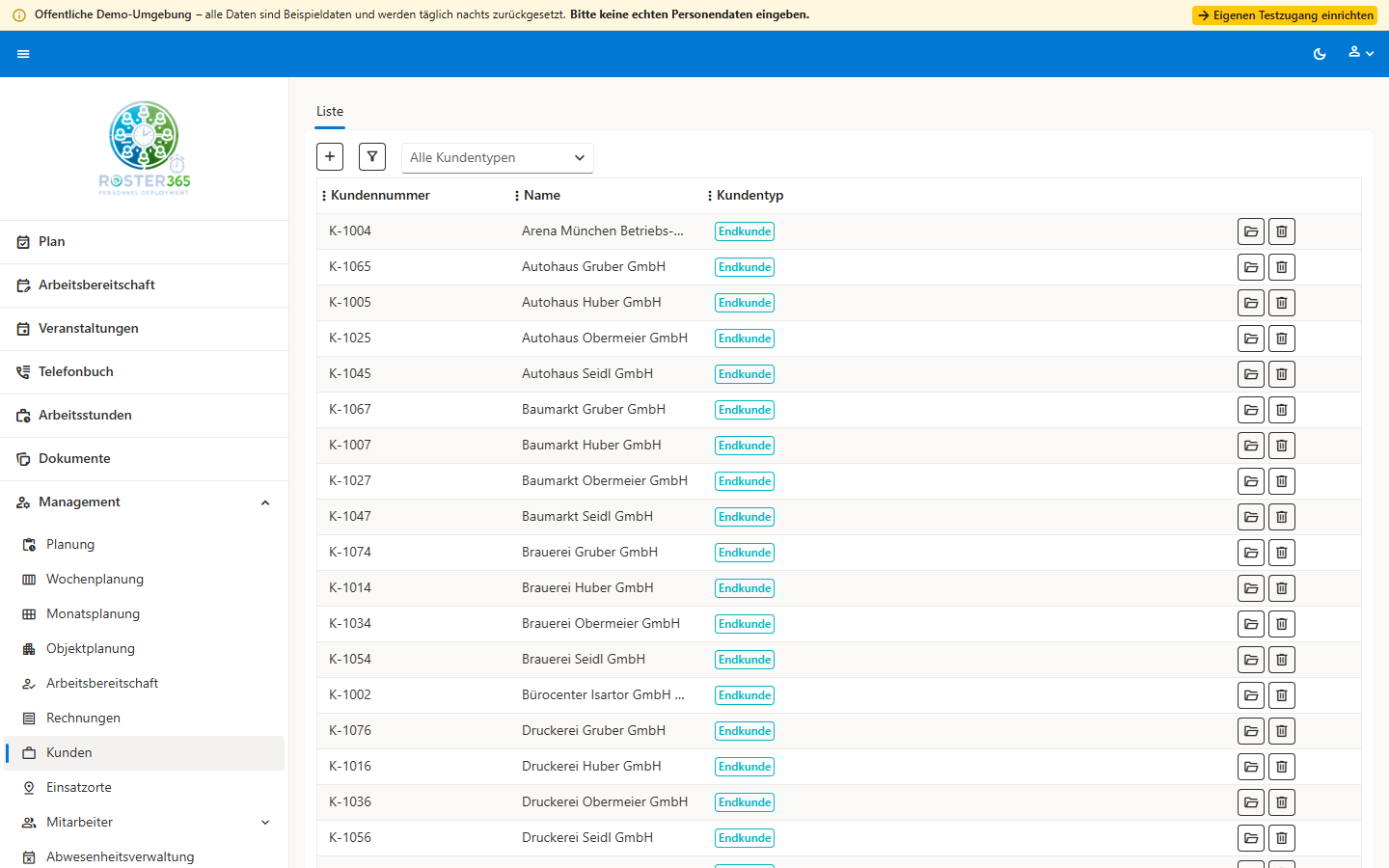 Kundenliste in der Roster 365 Demo mit fiktiven Firmen der Muster-Sicherheitsdienst GmbH