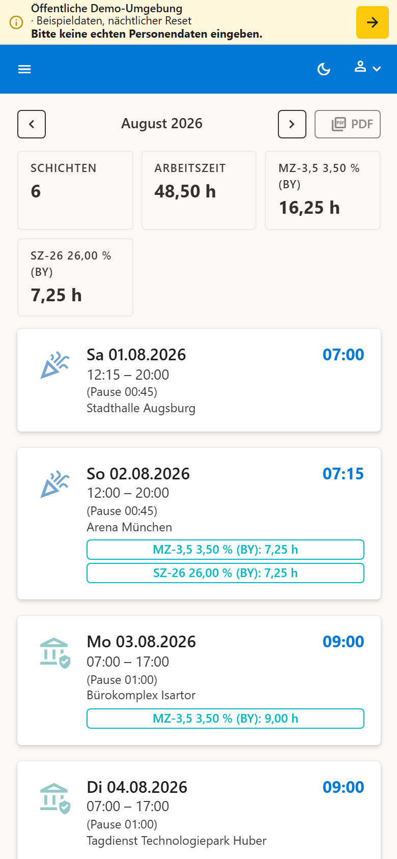 Mobile Arbeitsstunden-Übersicht in der Roster 365 Demo mit Zuschlagsstunden und PDF-Export