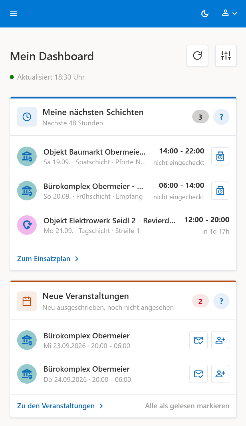 Mitarbeiter-Dashboard in Roster365 mit den Karten für nächste Schichten und neue Veranstaltungen
