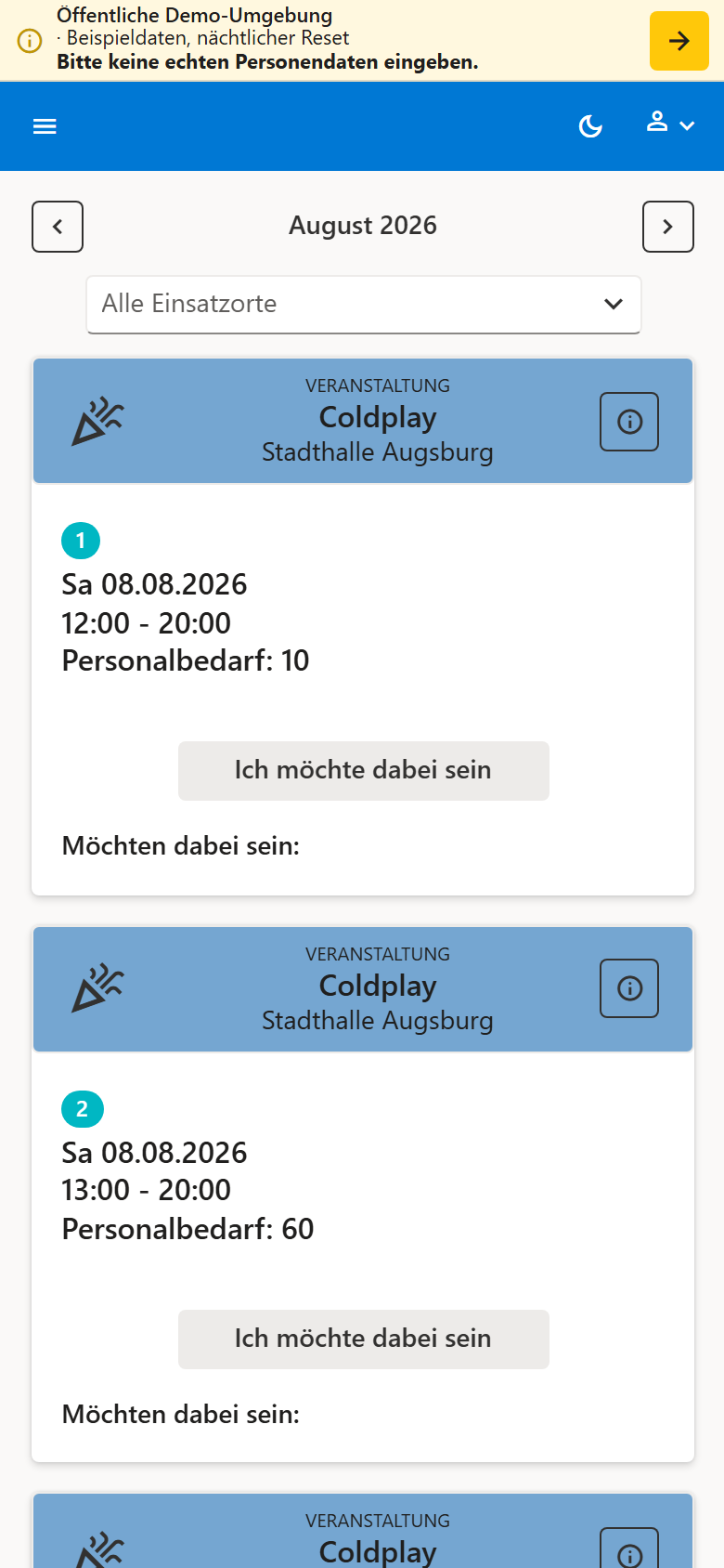 Mobile Veranstaltungsliste in der Roster 365 Demo mit Personalbedarf und Selbsteintrag