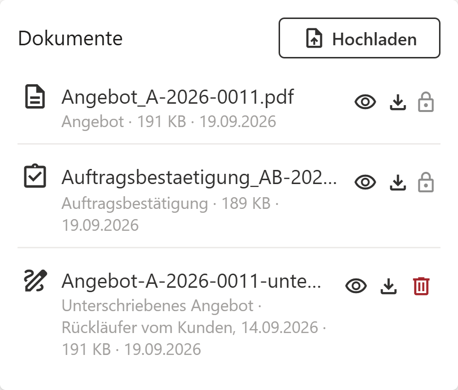 Karte „Dokumente“ in der Detailansicht eines Angebots mit dem automatisch archivierten Angebots-PDF samt Schloss-Symbol, der Auftragsbestätigung und einem hochgeladenen unterschriebenen Angebot mit Vorschau-, Download- und Löschen-Symbol