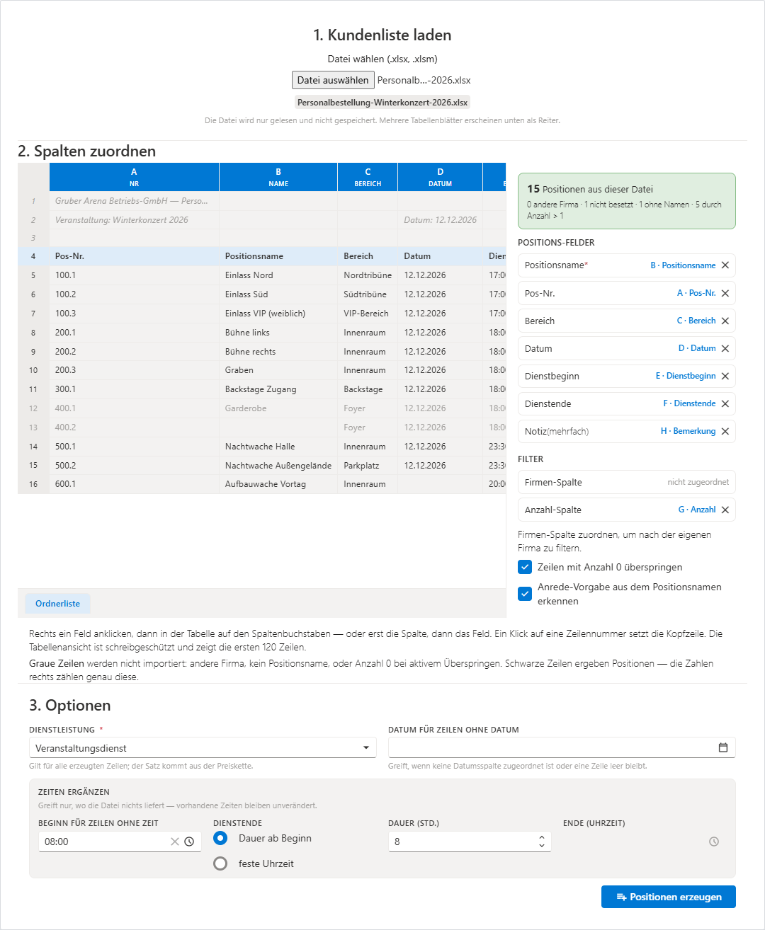 Schritt 2 des Angebotsassistenten: geladene Excel-Kundenliste mit Spaltenbuchstaben, rechts die Zielfelder Positionsname, Pos-Nr., Bereich, Datum, Dienstbeginn und Dienstende sowie die Optionen mit Dienstleistung und Zeitergänzung