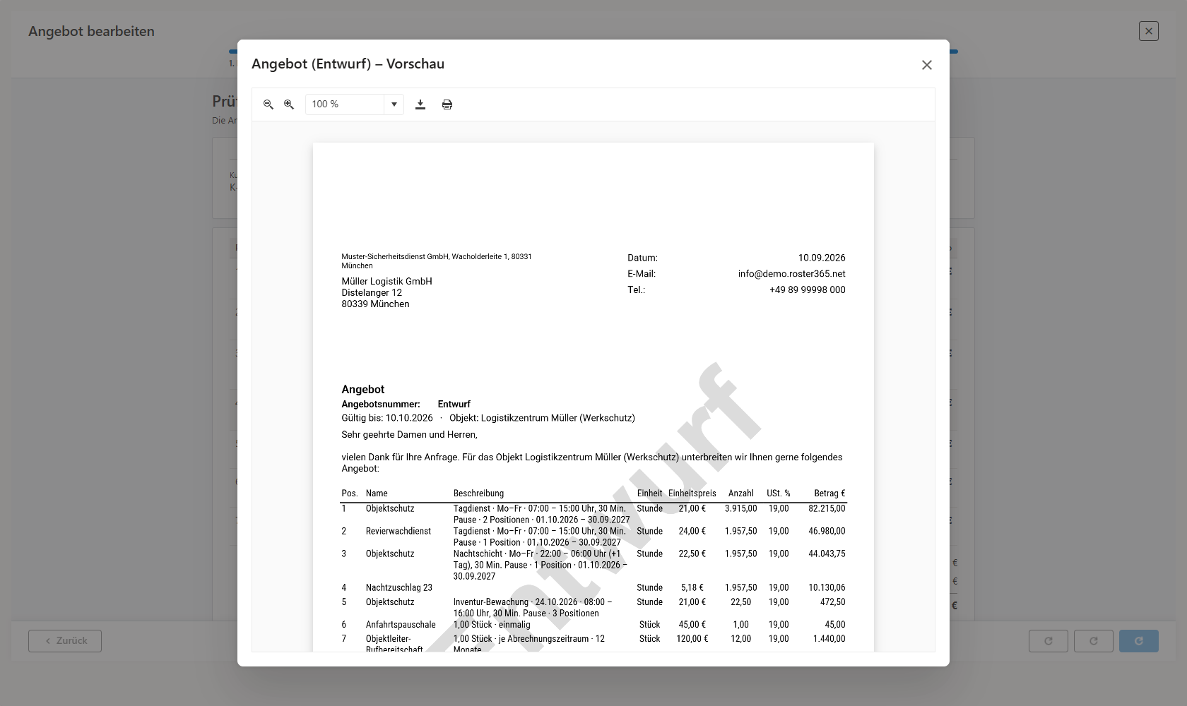 PDF-Vorschau eines Angebotsentwurfs im Dialog mit Wasserzeichen Entwurf, Anschreiben, Positionstabelle und Werkzeugleiste zum Zoomen, Herunterladen und Drucken