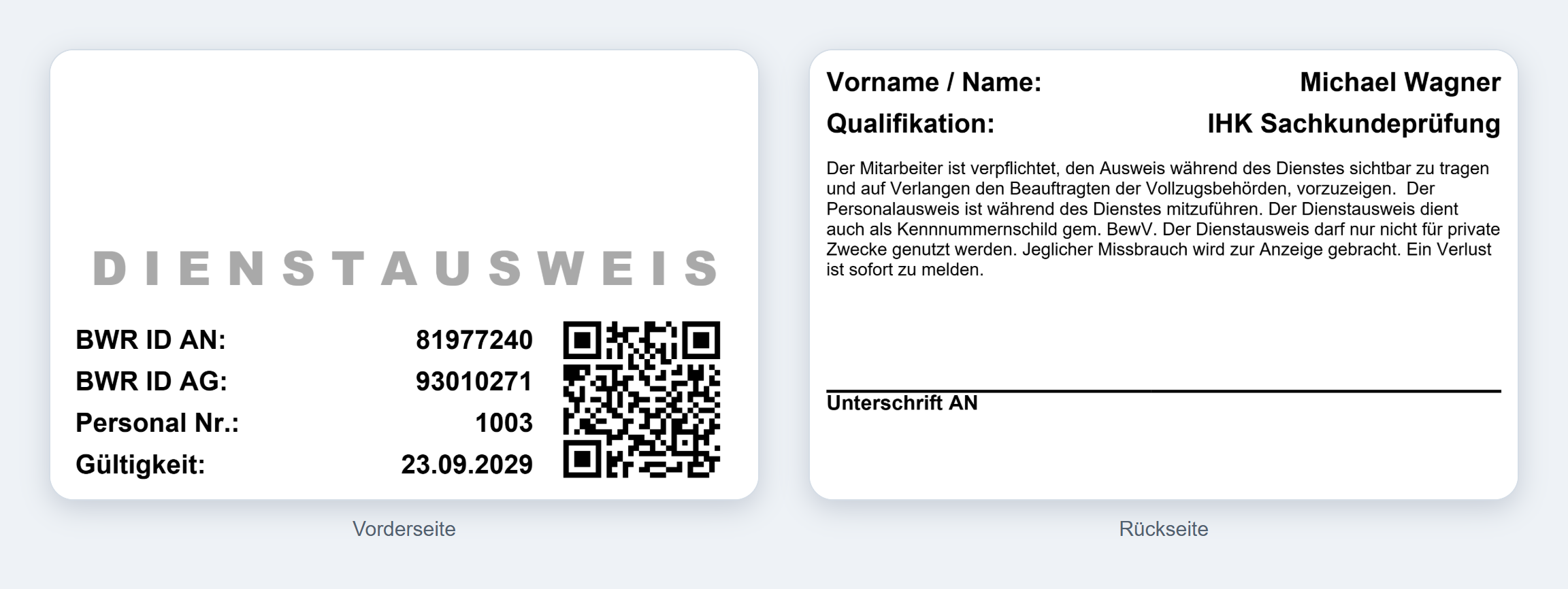 Vorder- und Rückseite eines Dienstausweises aus der Standardvorlage mit BWR-IDs, Personalnummer, Gültigkeit, QR-Code und Qualifikation