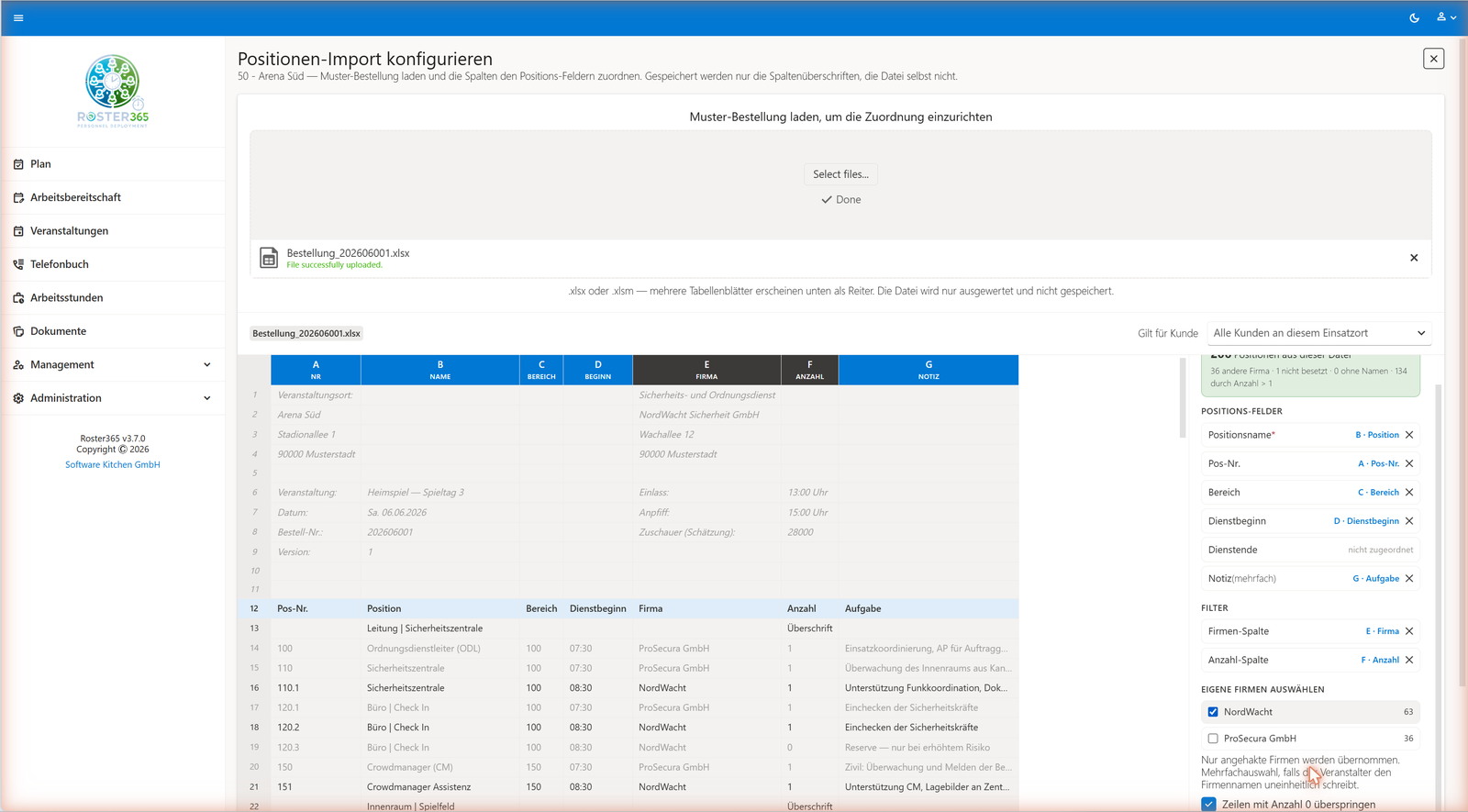 Firmen-Filter mit Checkboxen und Import-Optionen