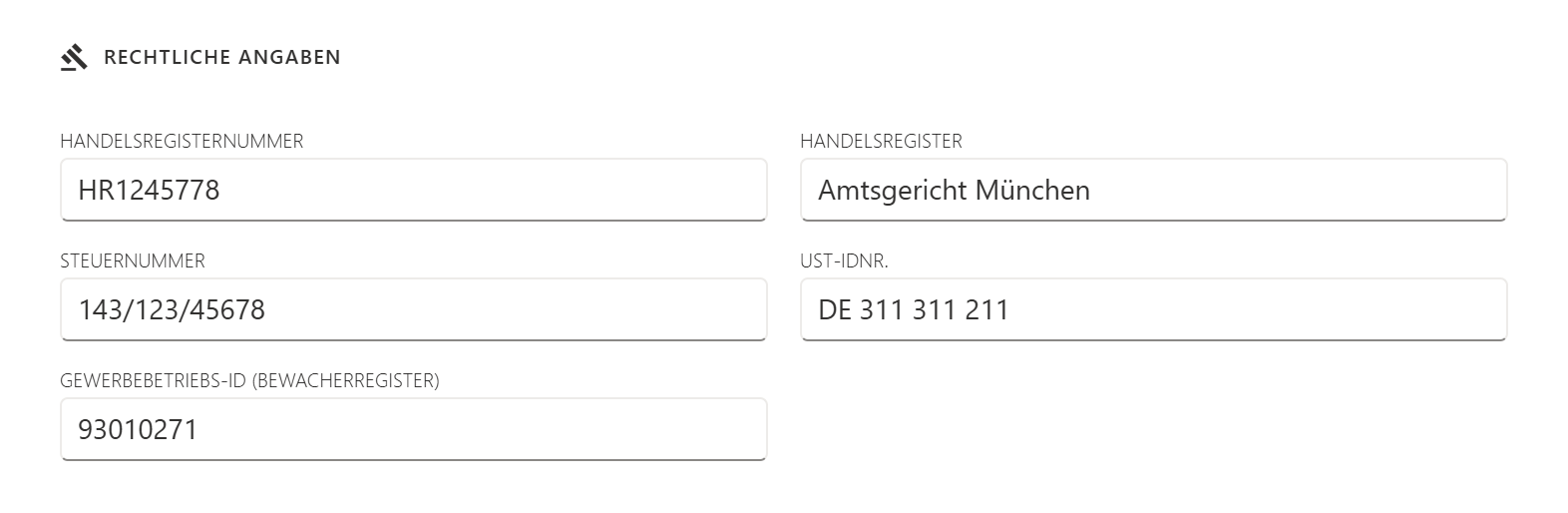 Firmenstammdaten mit dem Feld Gewerbebetriebs-ID (Bewacherregister) unter Handelsregister, Steuernummer und USt-IdNr.