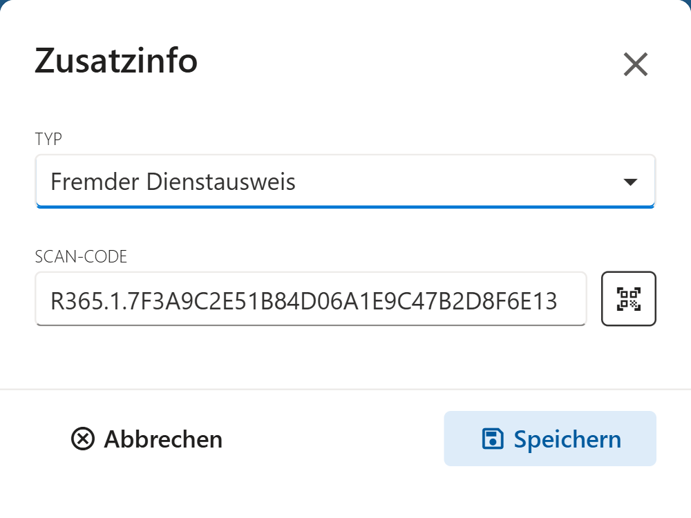 Dialog Zusatzinfo mit Typ Fremder Dienstausweis, dem Feld Scan-Code und der Schaltfläche Ausweis scannen