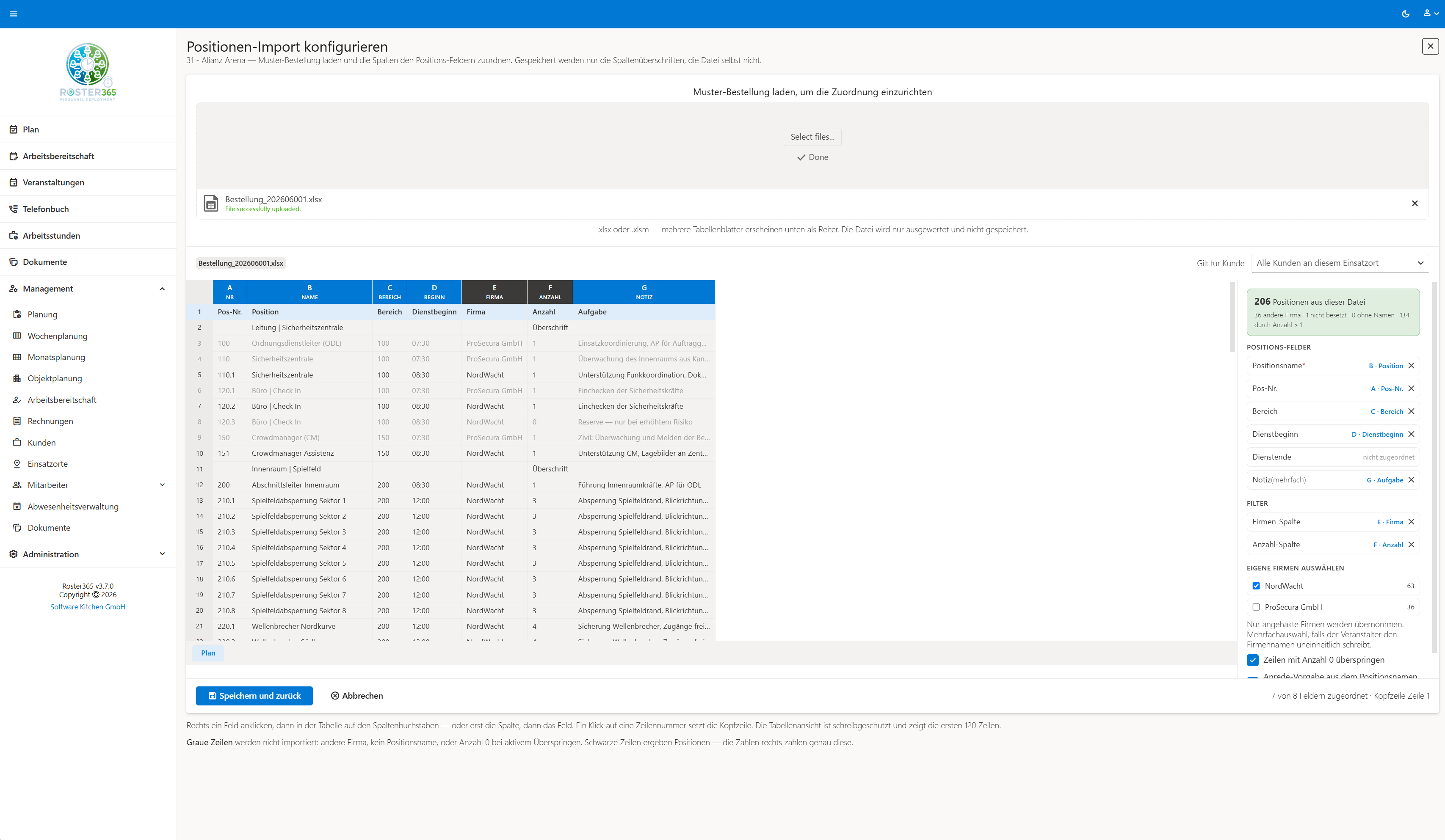 Konfigurationsseite des Positions-Imports mit Excel-Vorschau und Zielfeldern