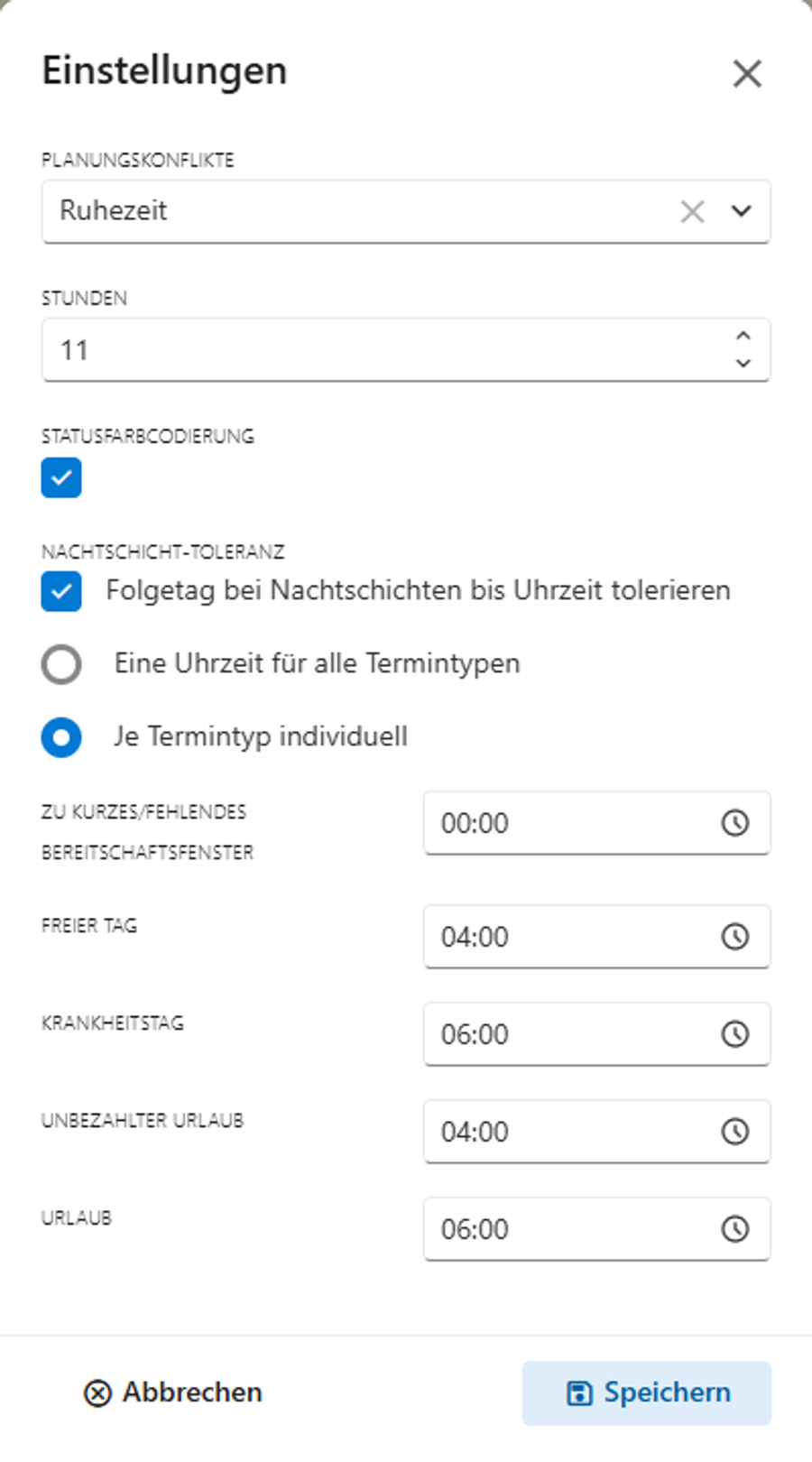 Einstellungsdialog mit dem Abschnitt Nachtschicht-Toleranz und individuellen Uhrzeiten je Terminart