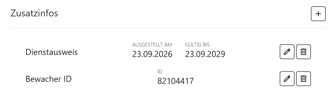 Kachel Zusatzinfos auf der Mitarbeiterseite mit dem Eintrag Dienstausweis, Ausgestellt am und Gültig bis